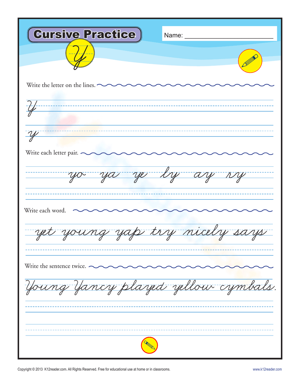 Cursive Practice: Letter Y Worksheet - Page 1