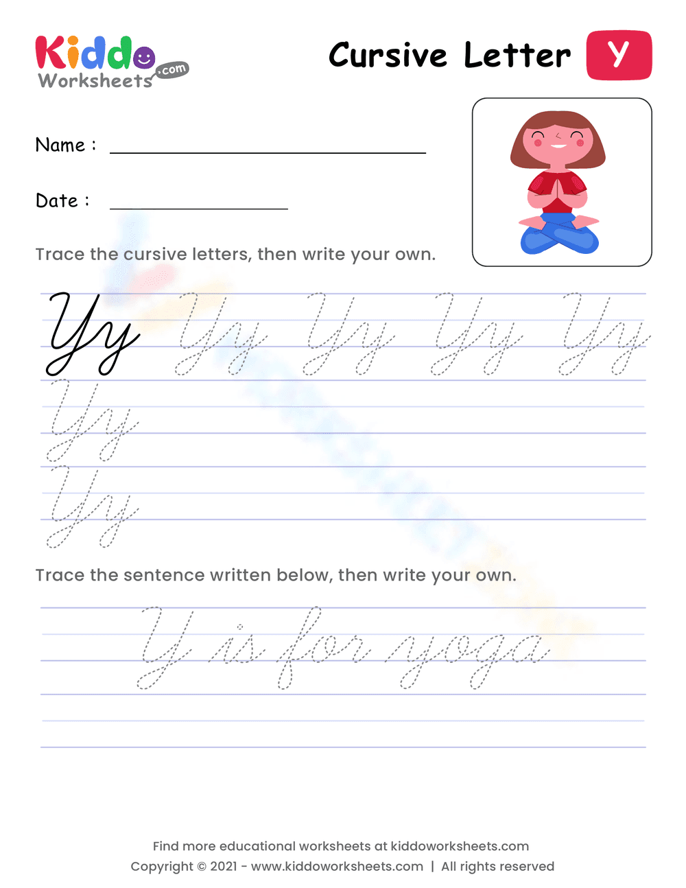 Practice Cursive Letter Y Worksheet - Page 1