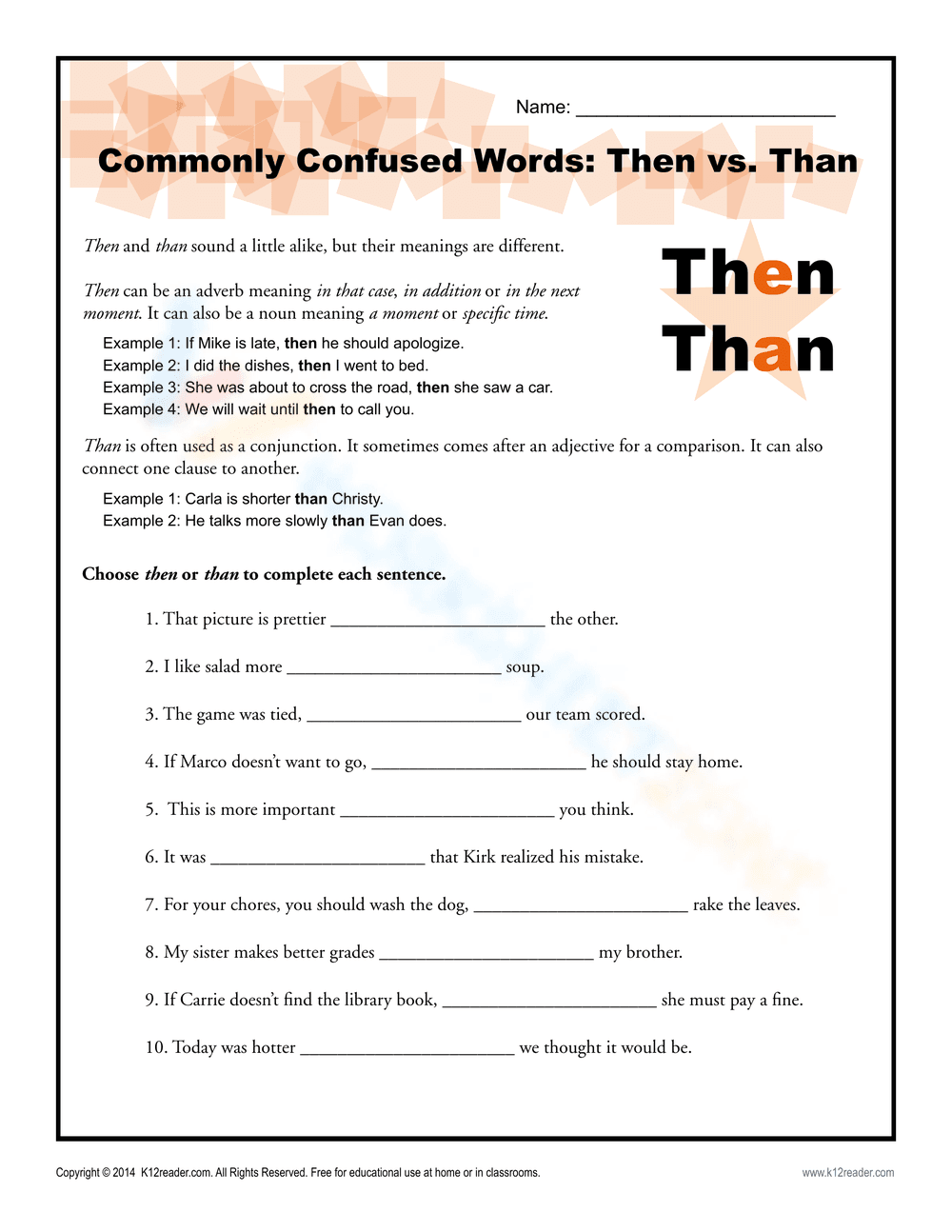 Then vs Than Usage Worksheet - Page 1