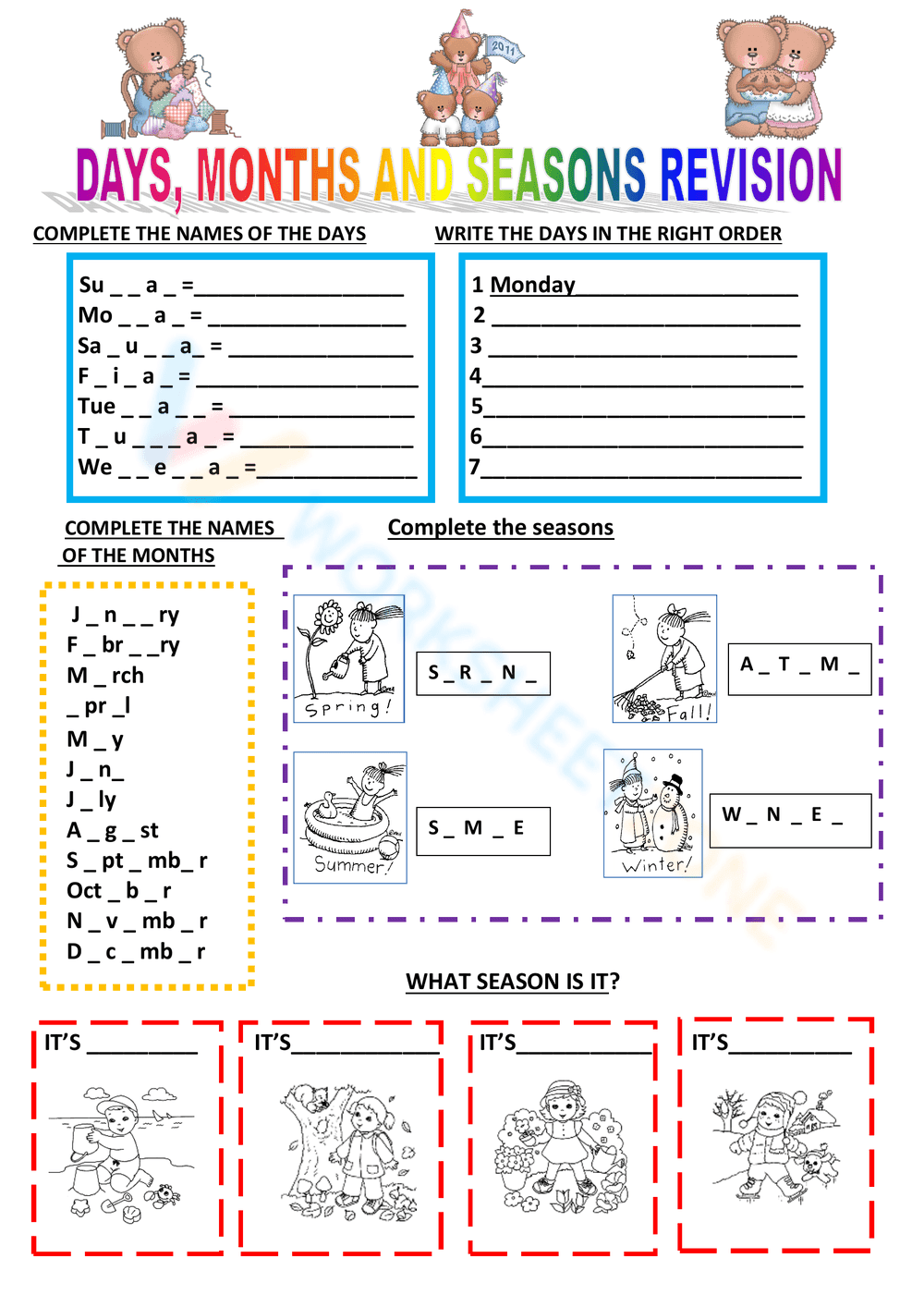 Days, Months, and Seasons Worksheet - Page 1