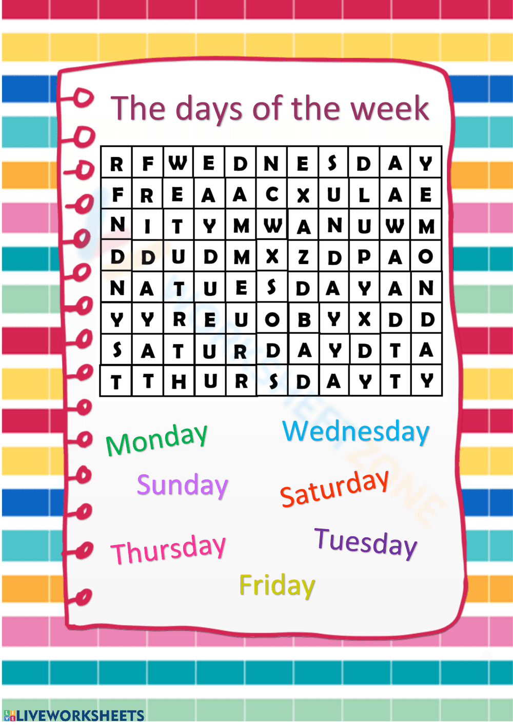 Days of the week wordsearch - Page 1
