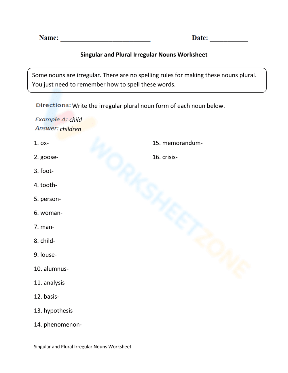 Singular and Plural Irregular Nouns Worksheet - Page 1