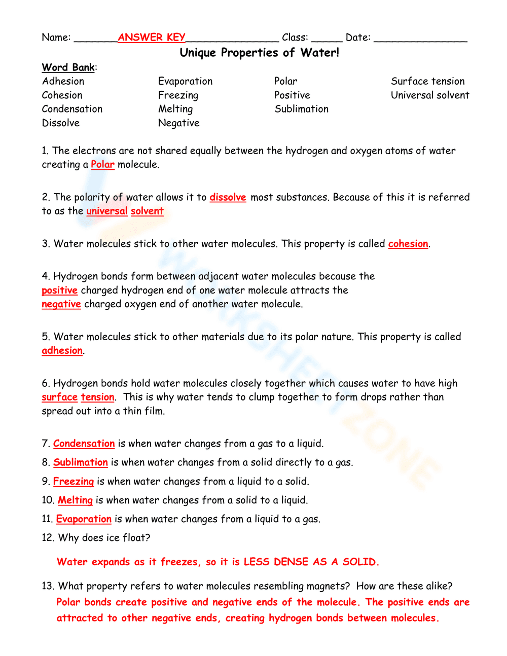 Unique Properties of Water Key - Page 1