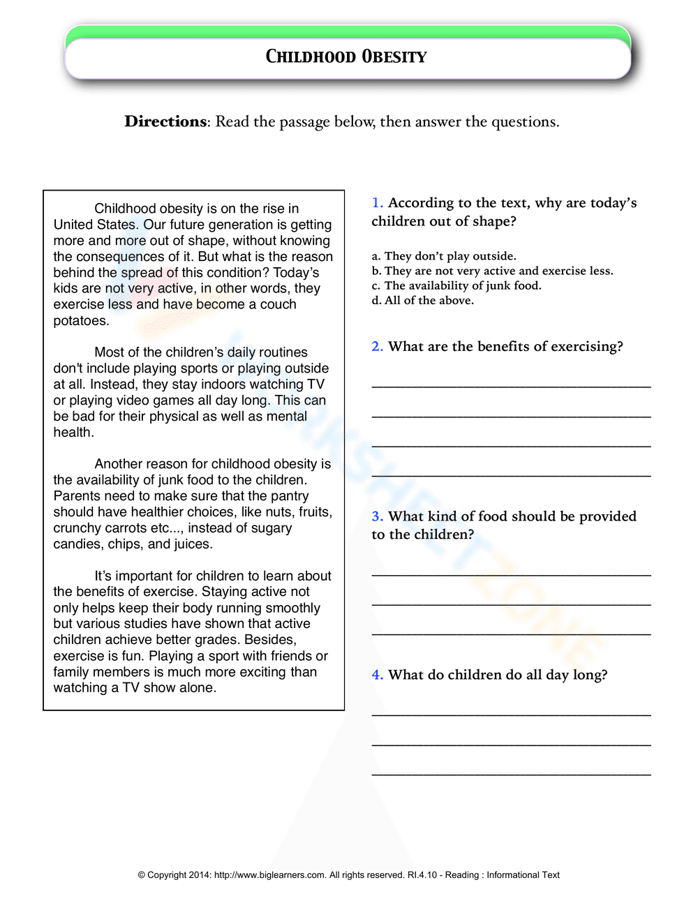 Understanding Childhood Obesity Worksheet - Page 1