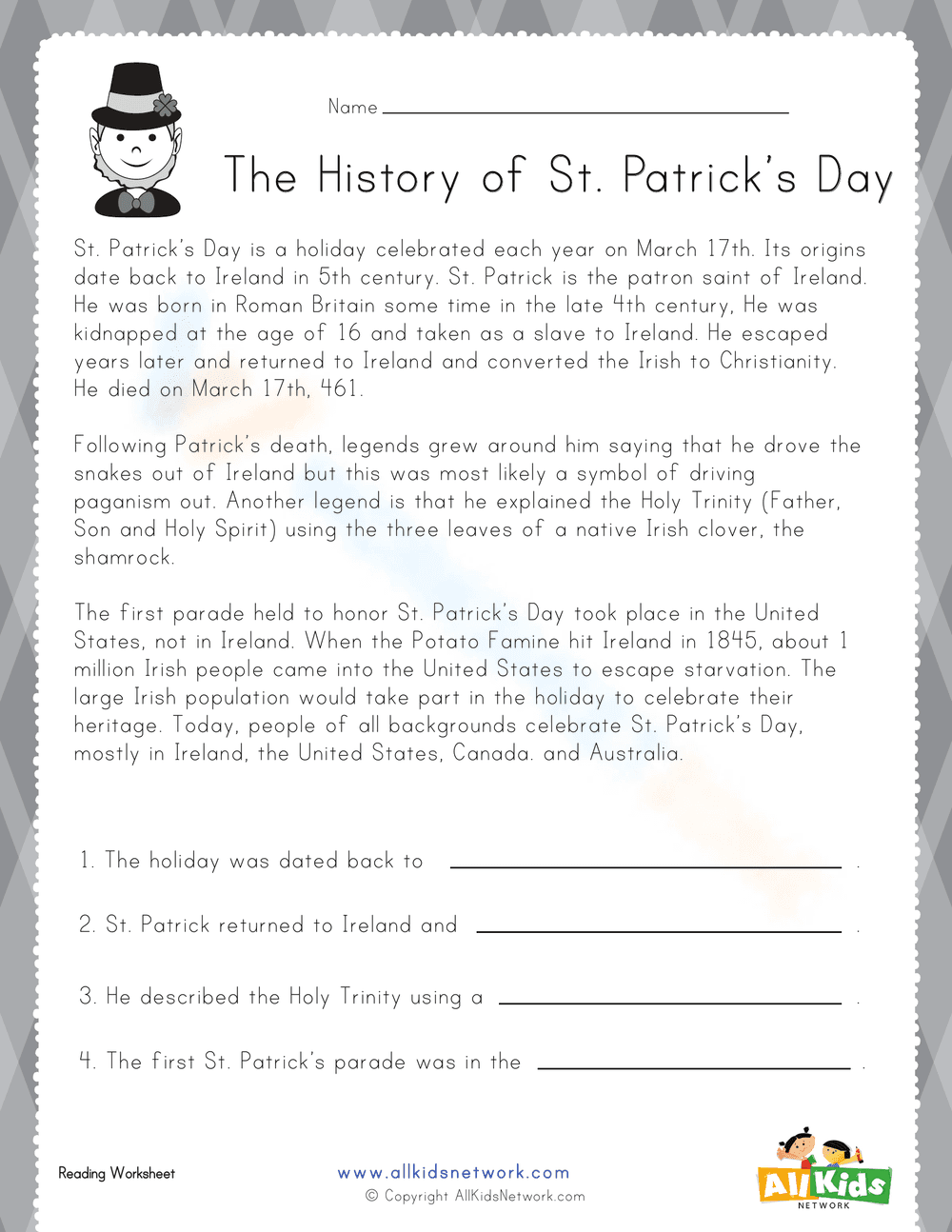 History of St. Patrick's Day Worksheet - Page 1