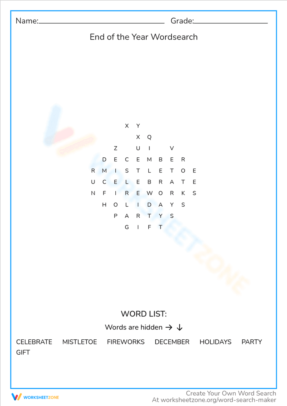 End of the Year Word Search Puzzle Worksheet - Page 1