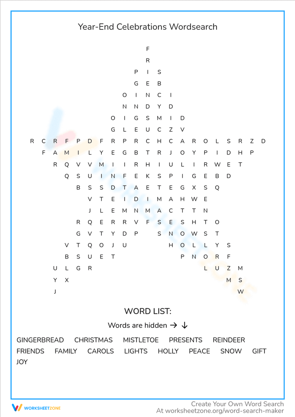 Year-End Celebrations Wordsearch - Page 1