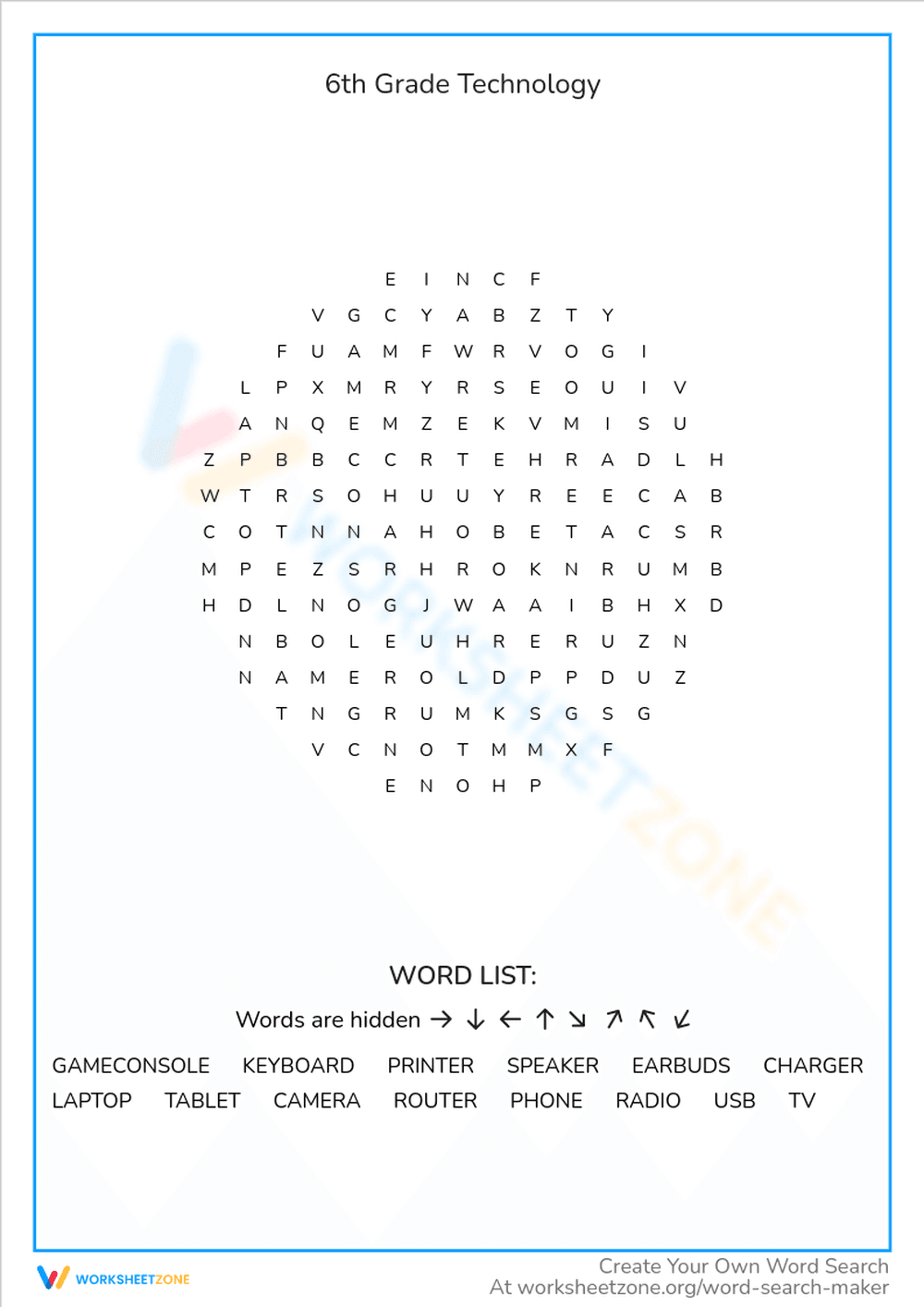 6th Grade Technology: Tech Terms Worksheet - Page 1