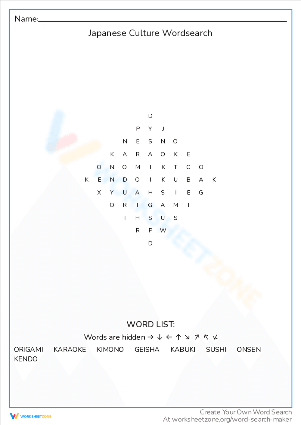 Japanese Culture Word Search Puzzle - Page 1