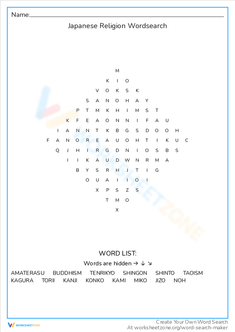 Japanese Religion Word Search Puzzle - Page 1