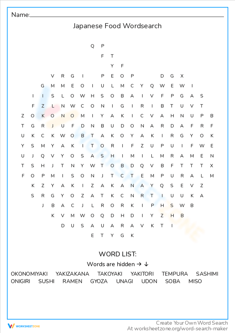 Japanese Food Word Search Puzzle - Page 1