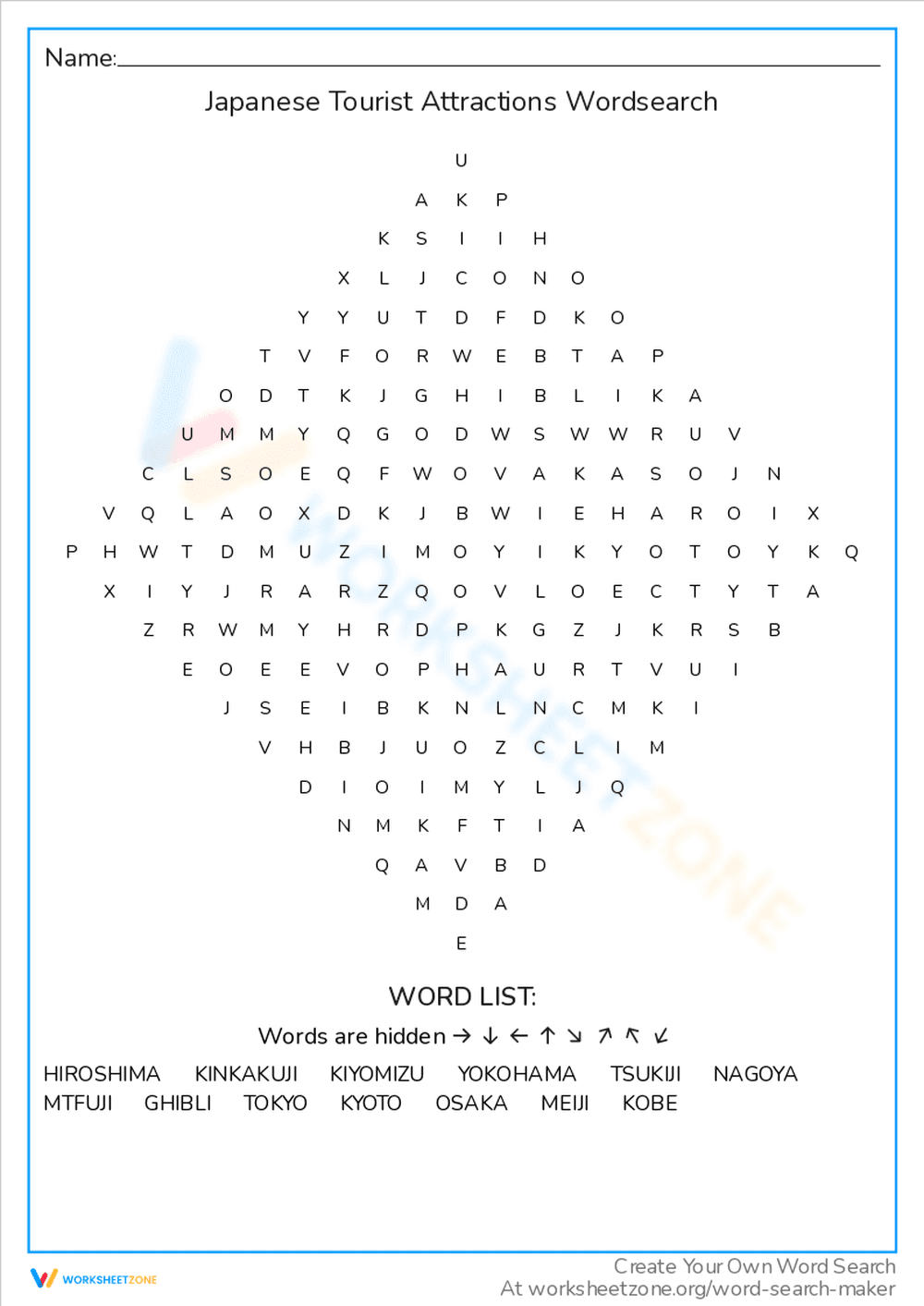 Japanese Tourist Spots Word Search - Page 1