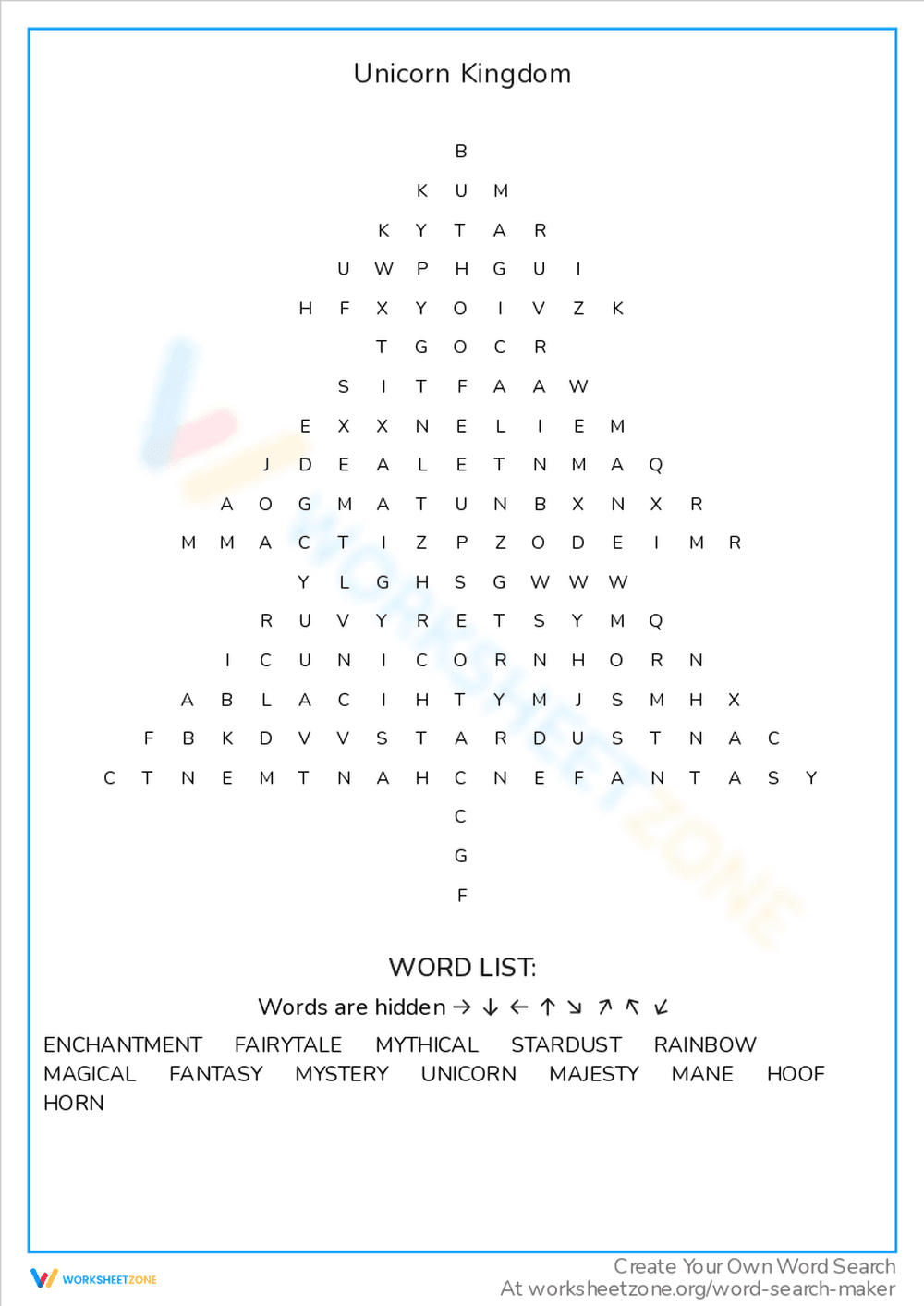 Explore the Mystical Unicorn Kingdom Word Search - Page 1