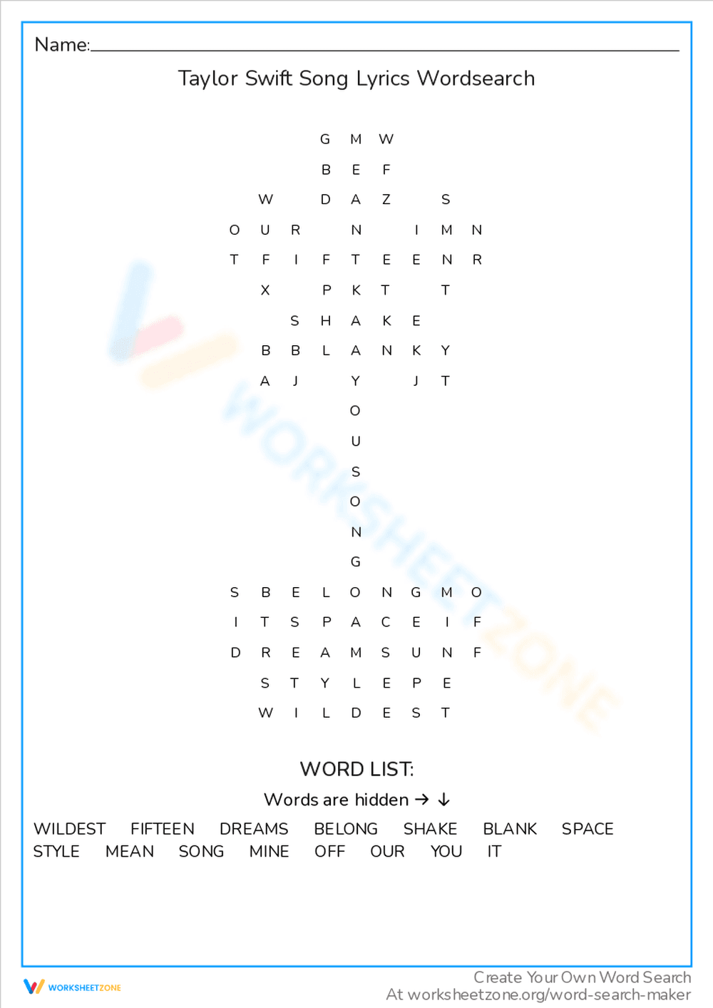 Taylor Swift Song Lyrics Word Search Challenge - Page 1