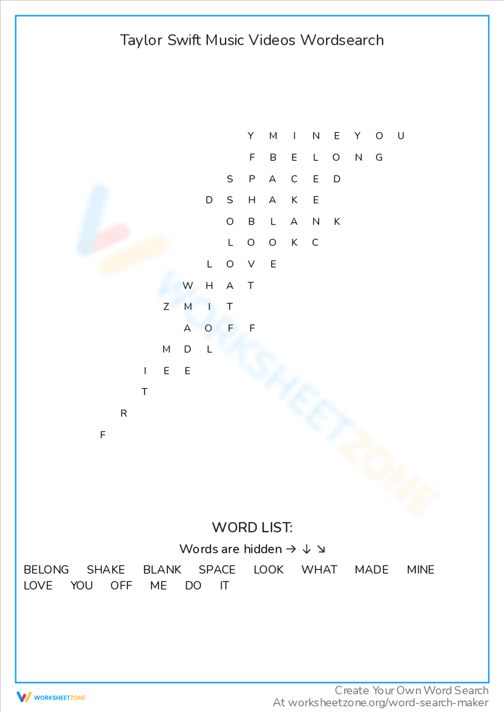 Taylor Swift Music Videos Word Search Puzzle - Page 1