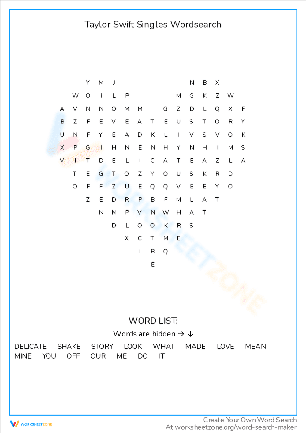 Taylor Swift Singles Word Search: Find Her Hits - Page 1