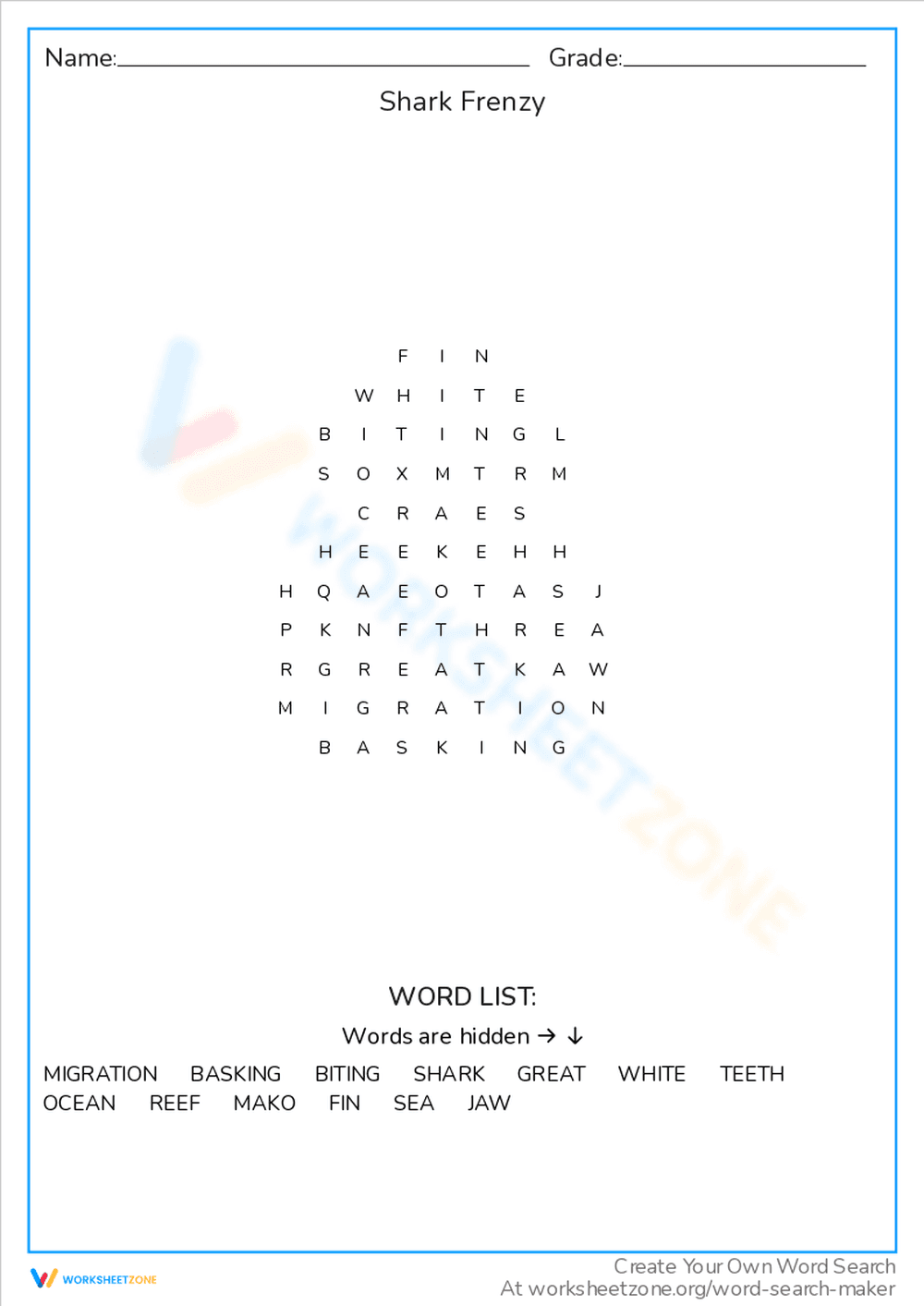 Shark Frenzy Word Search Worksheet - Page 1