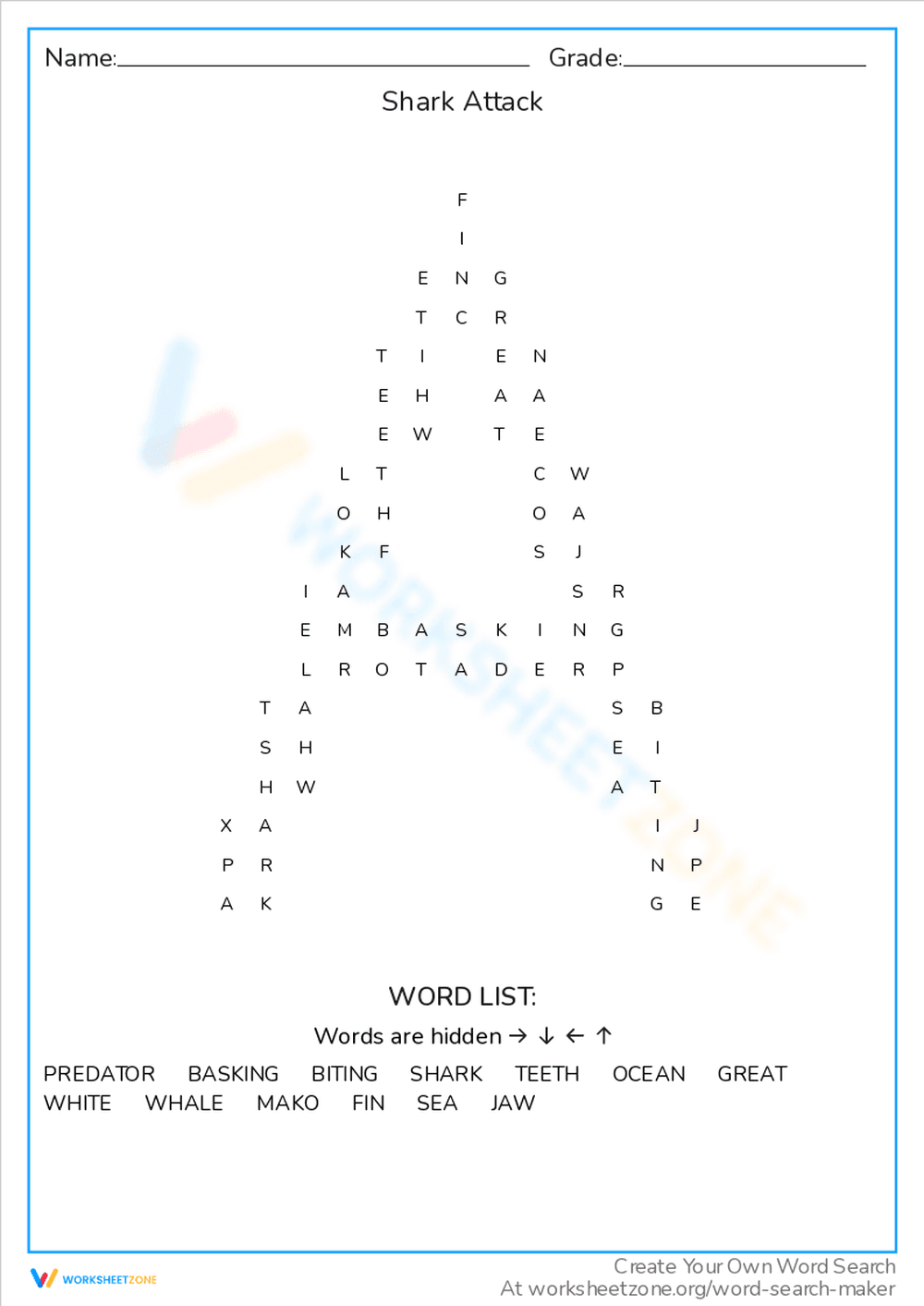 Shark Attack Word Search Puzzle - Page 1