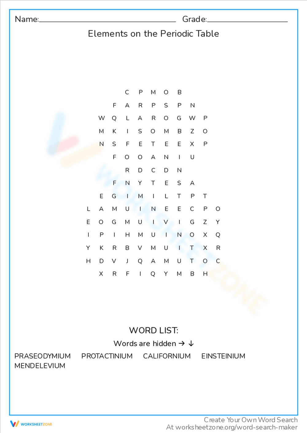 Elements on the Periodic Table Word Search - Page 1