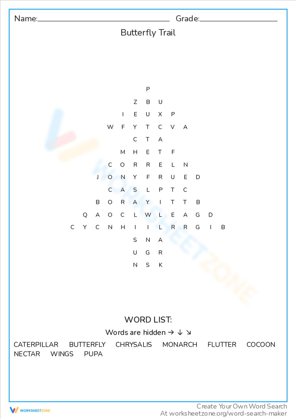 Butterfly Trail Word Search Puzzle - Page 1