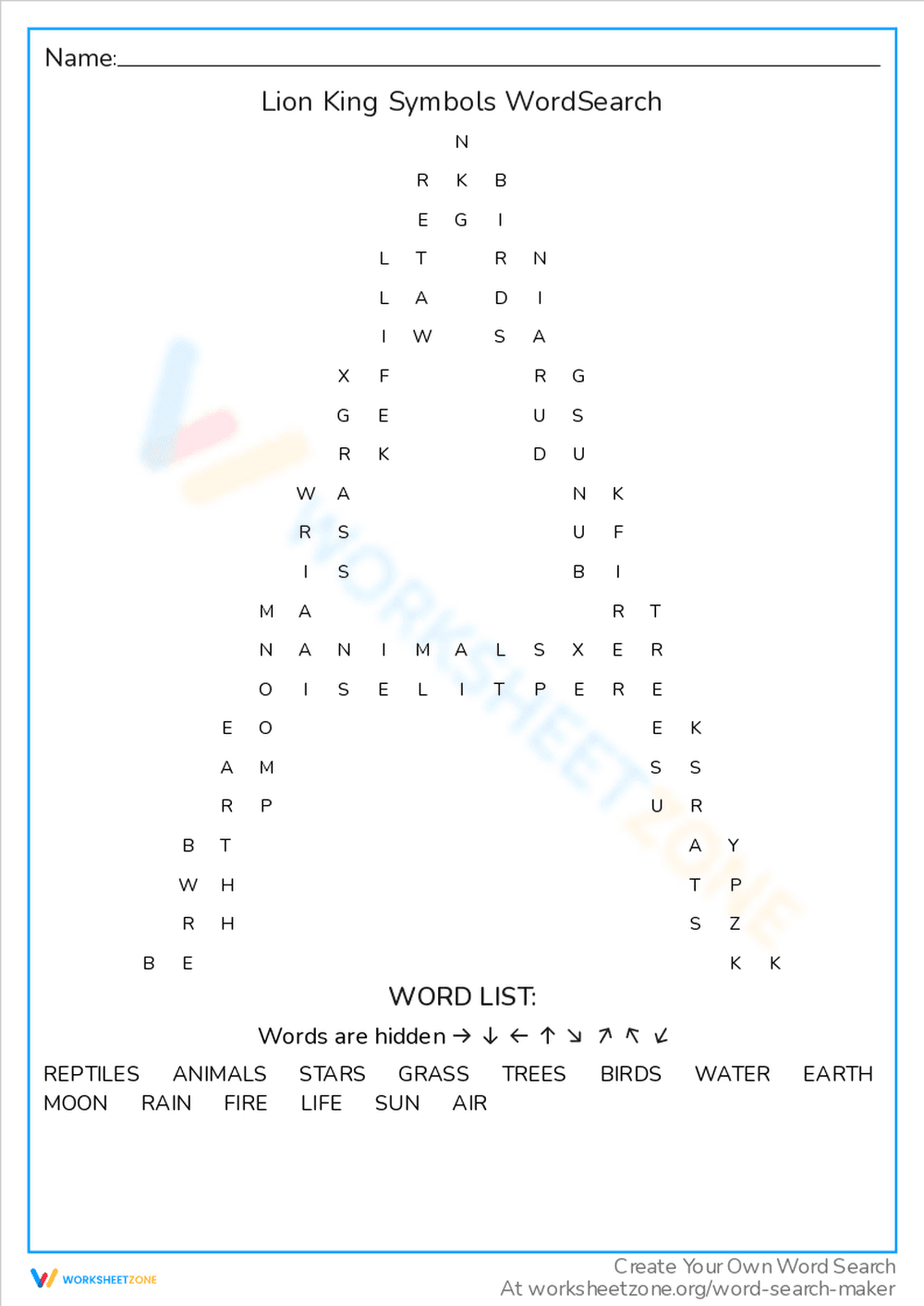 Lion King Symbols Word Search Worksheet - Page 1