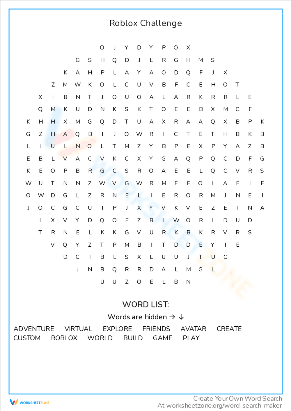 Roblox Challenge Word Search for Gamers - Page 1