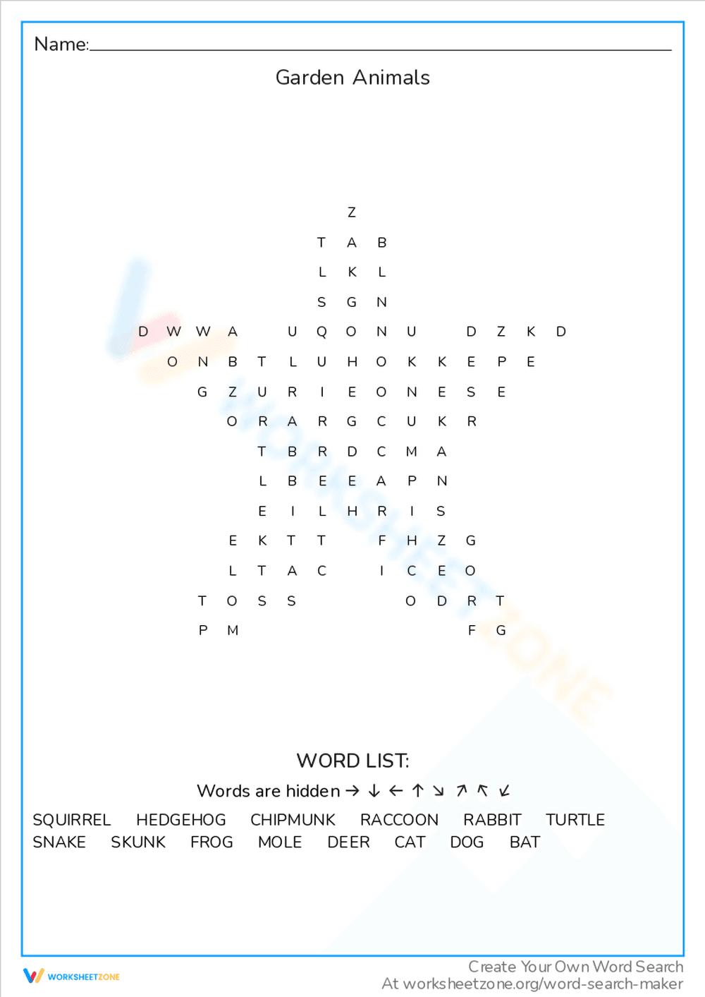 Identify Garden Animals: Word Search - Page 1