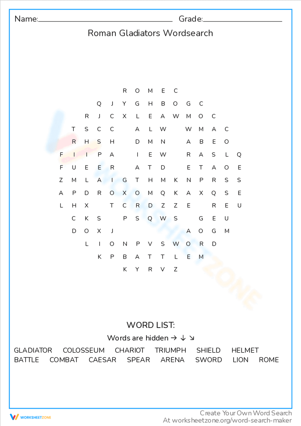Roman Gladiators Word Search Worksheet - Page 1