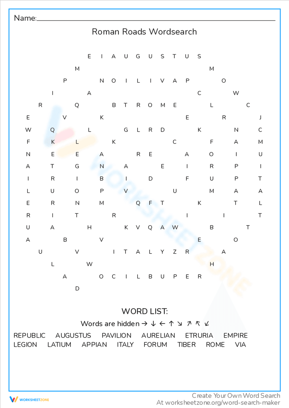 Roman Roads Word Search Worksheet - Page 1