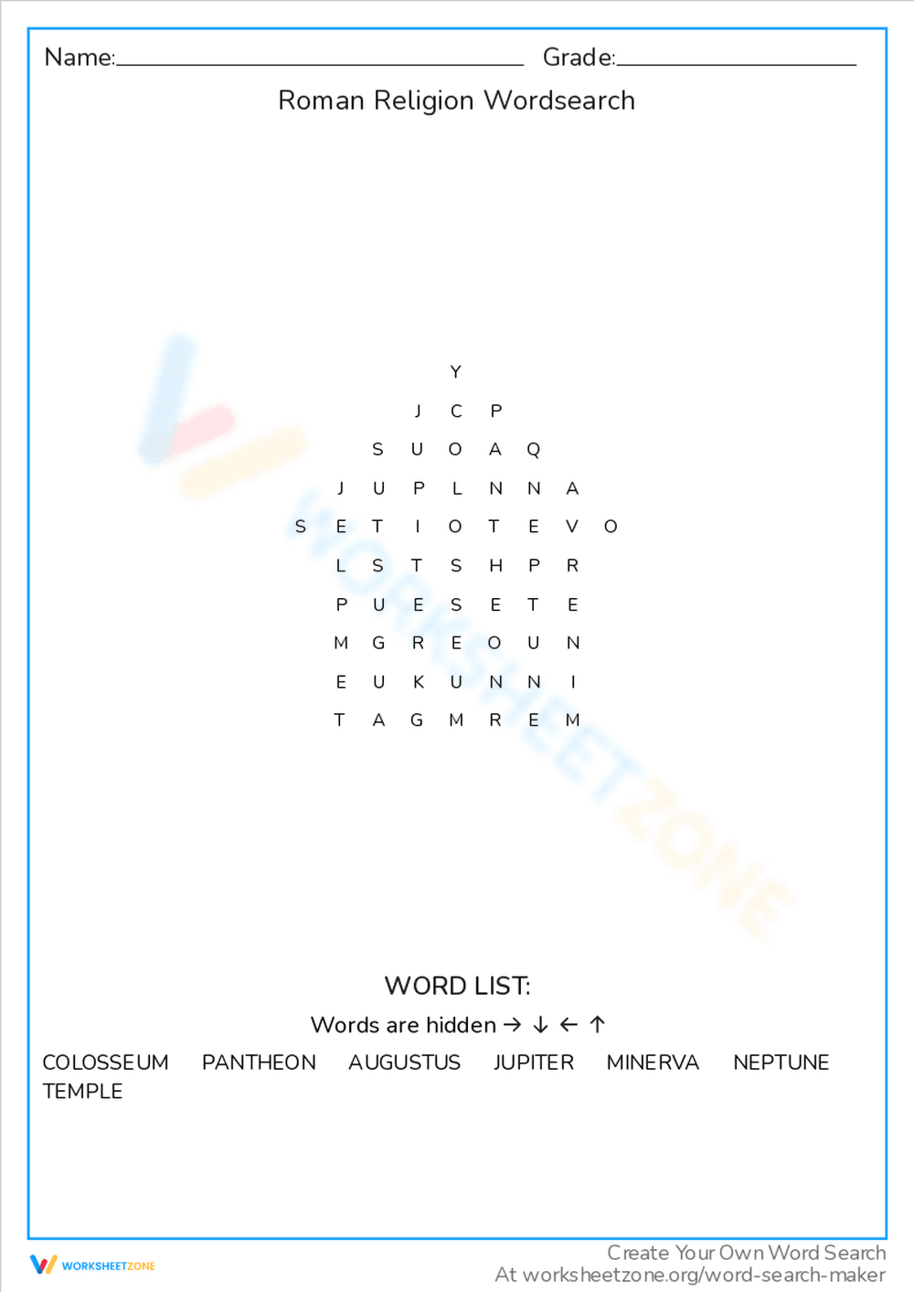 Roman Religion Word Search Worksheet - Page 1