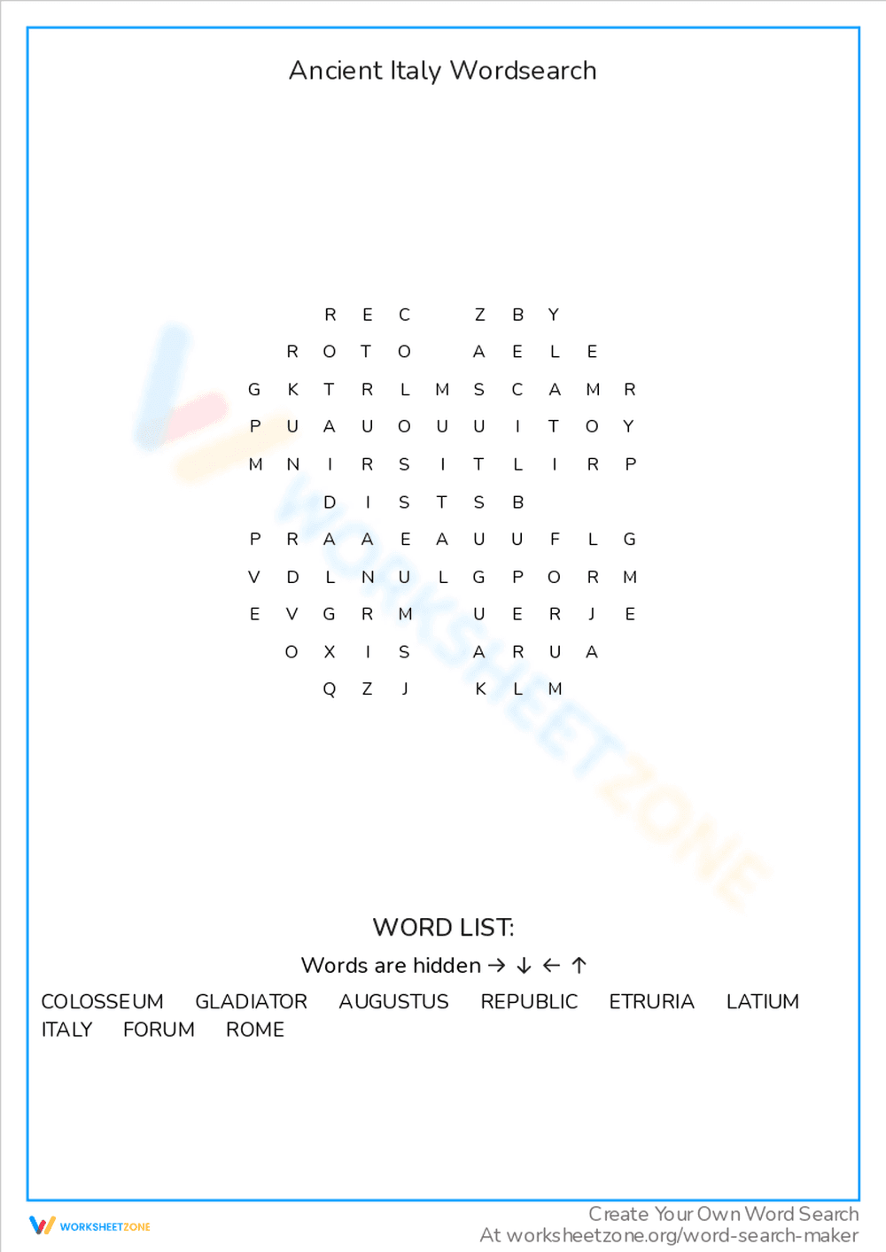 Ancient Italy Word Search Worksheet - Page 1