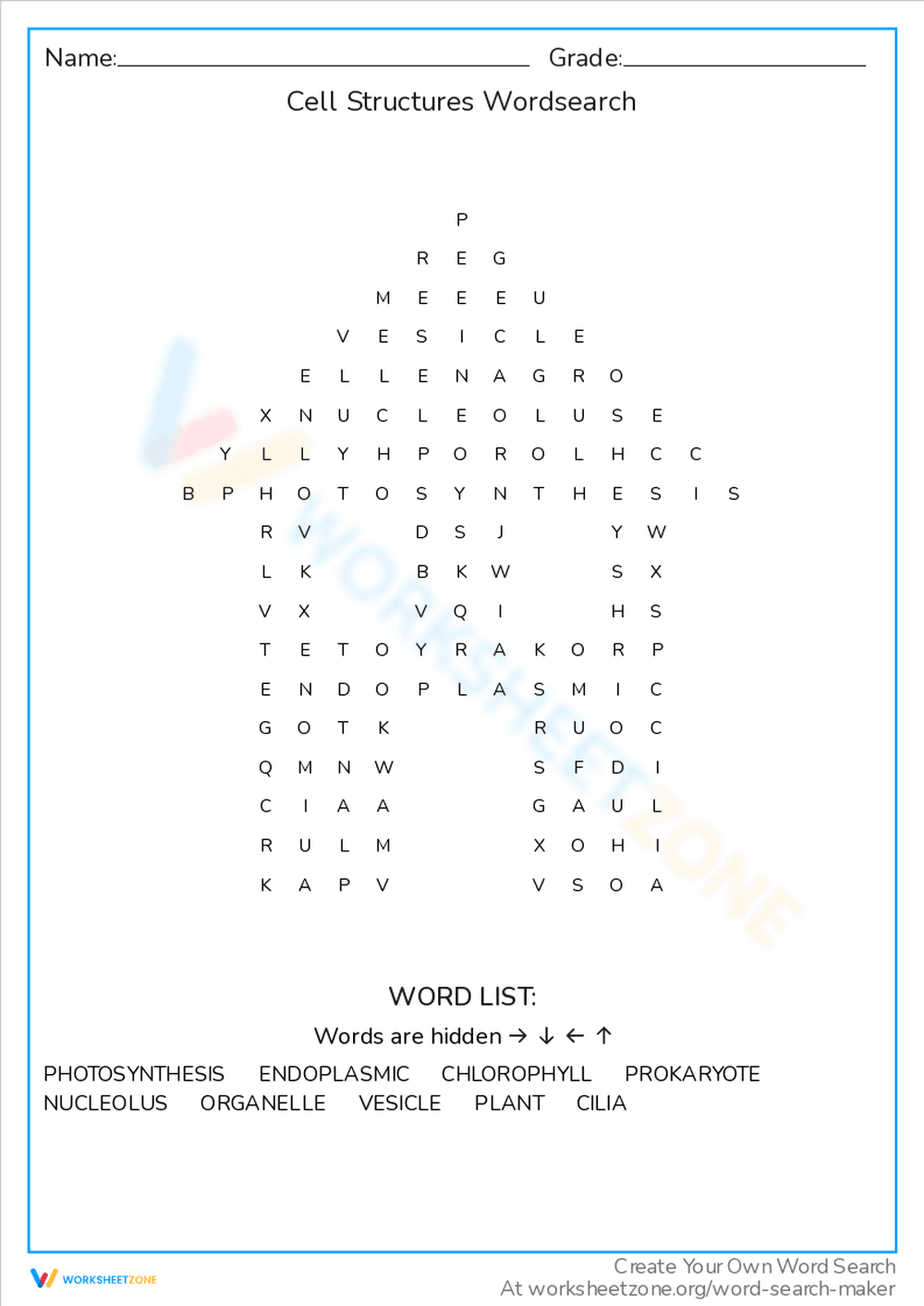 Cell Structures Word Search - Page 1