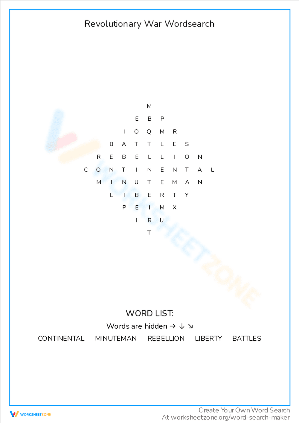 Revolutionary War Word Search Worksheet - Page 1