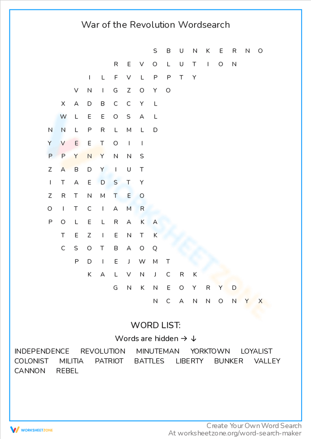 War of the Revolution Word Search Worksheet - Page 1