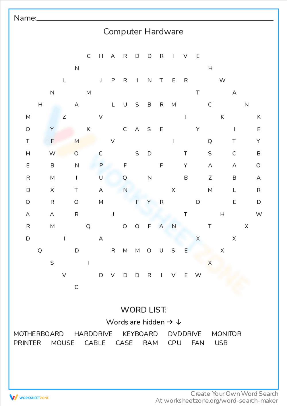 Computer Hardware Word Find - Page 1