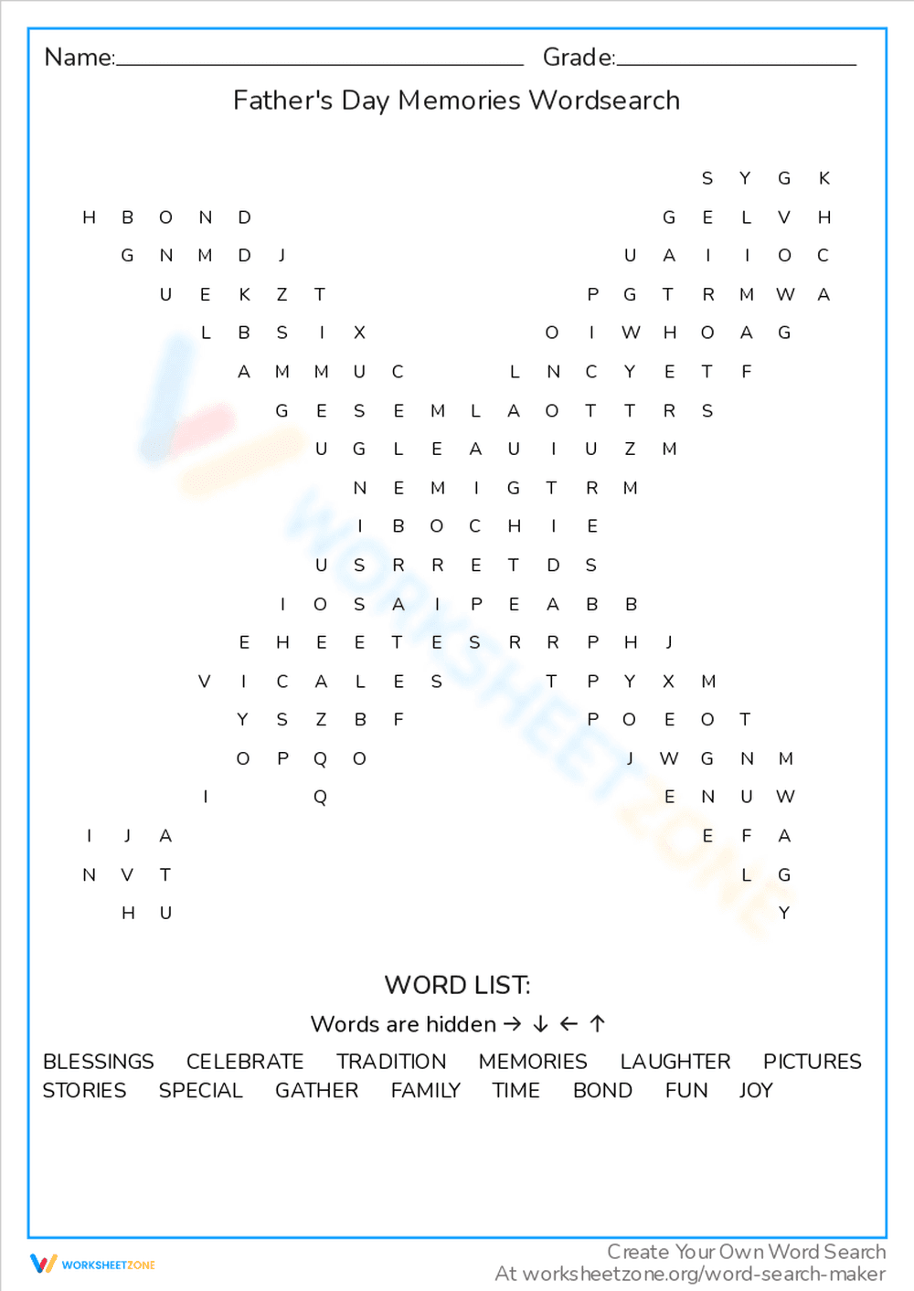 Fathers Day Memories Word Search Worksheet - Page 1