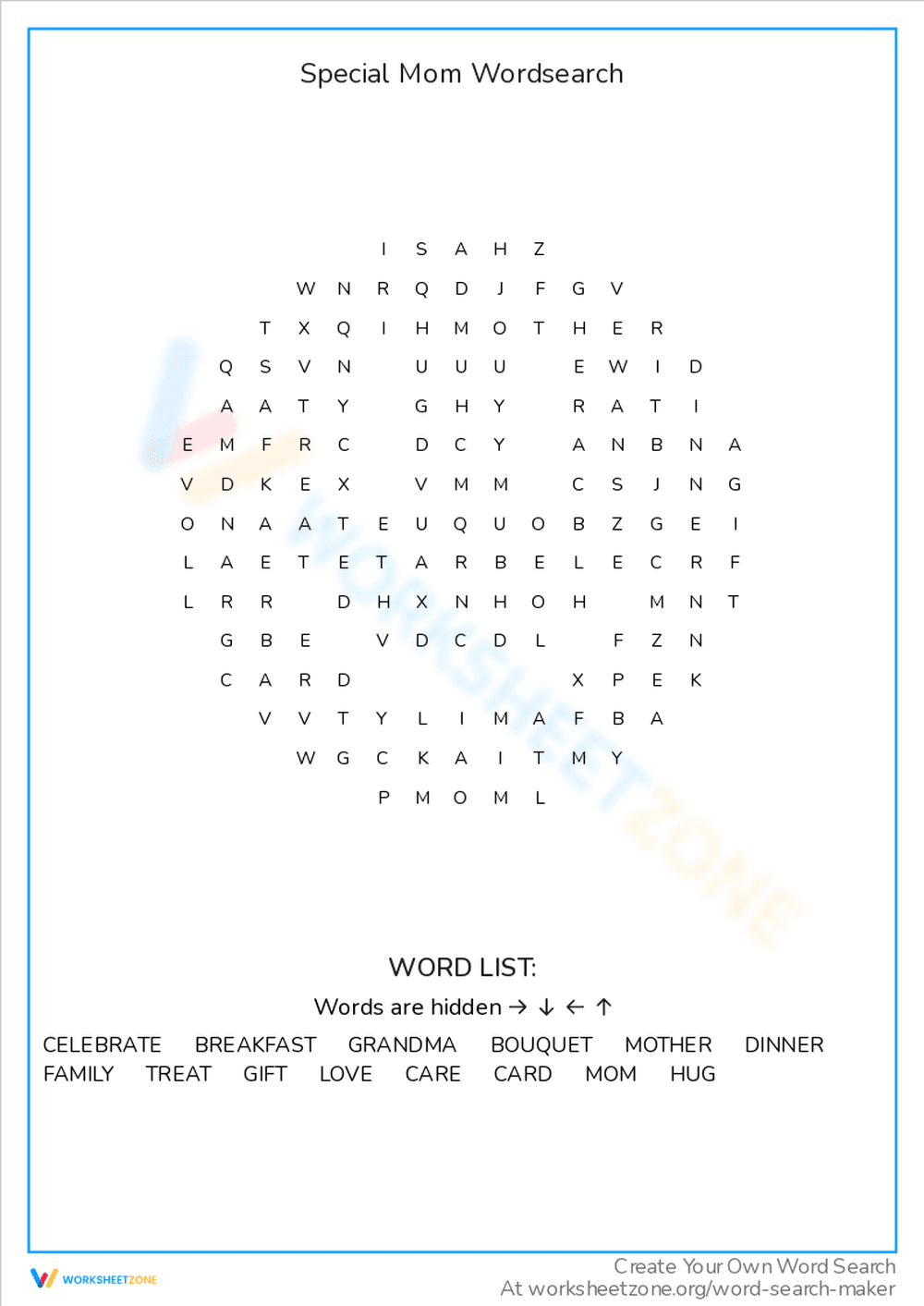 Find Words for a Special Mom in Wordsearch - Page 1