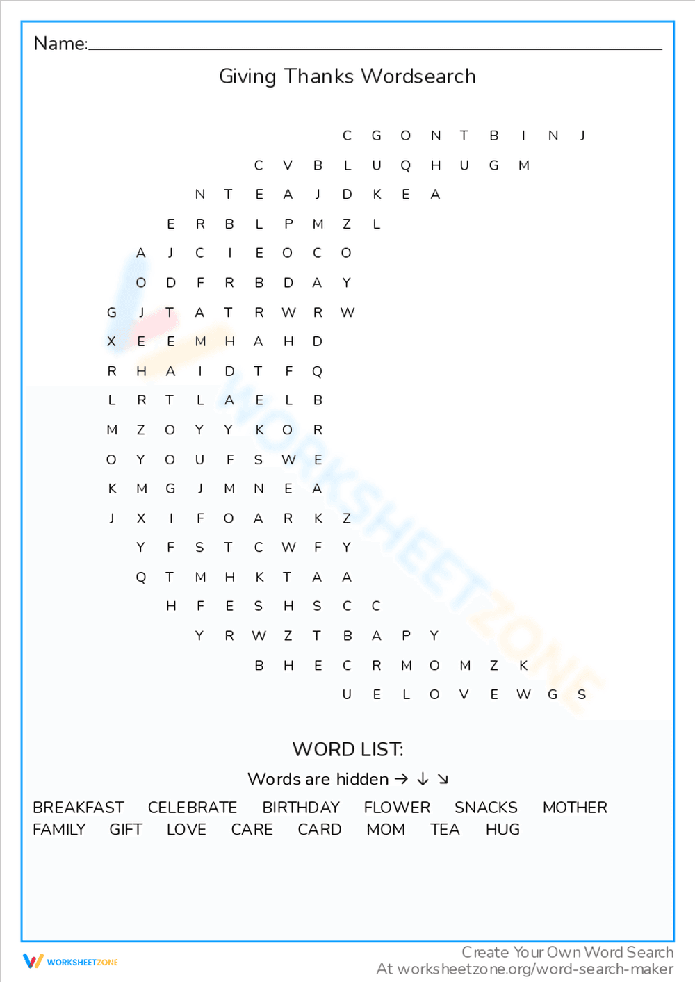 Express Gratitude with Giving Thanks Wordsearch - Page 1