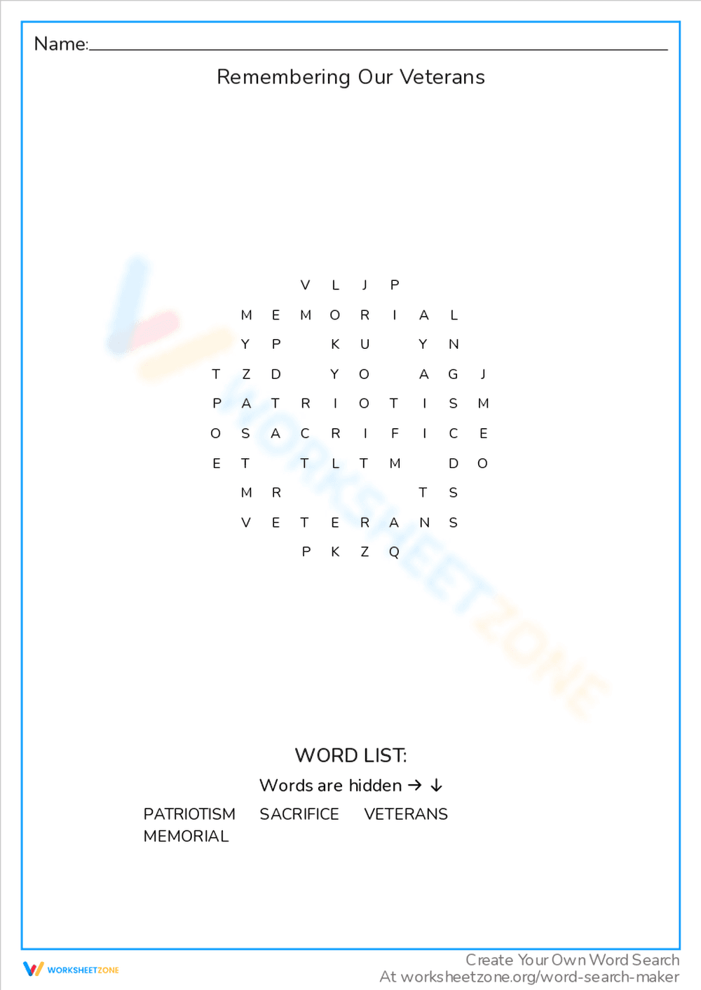 Remembering Our Veterans: A Memorial Worksheet - Page 1