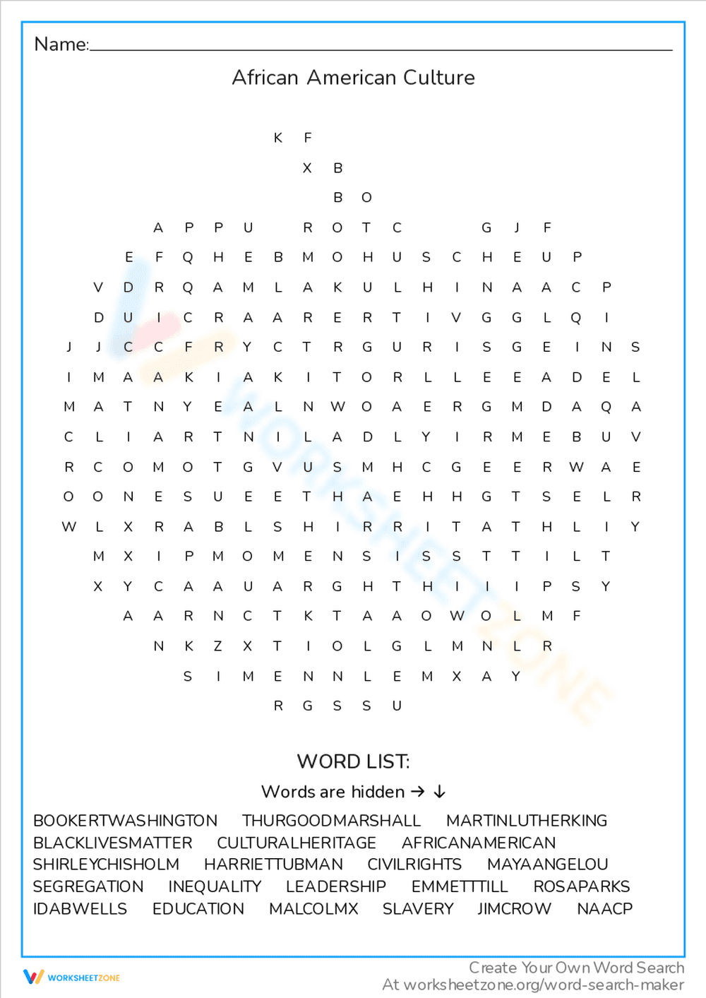 African American Culture Word Search Puzzle - Page 1