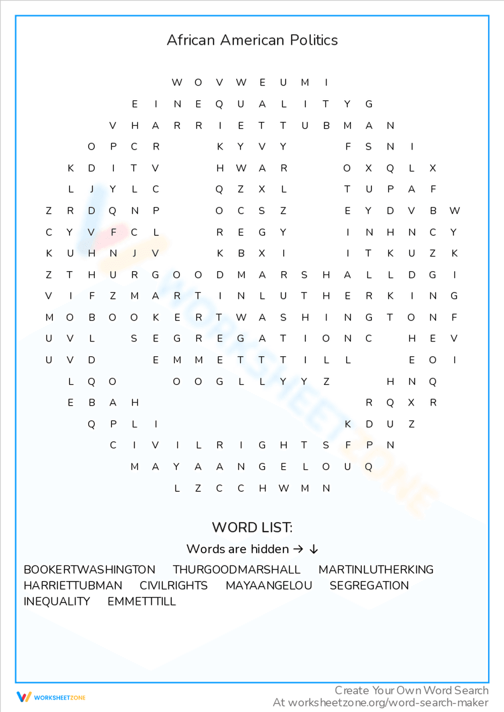 African American Politics Word Search Learning - Page 1