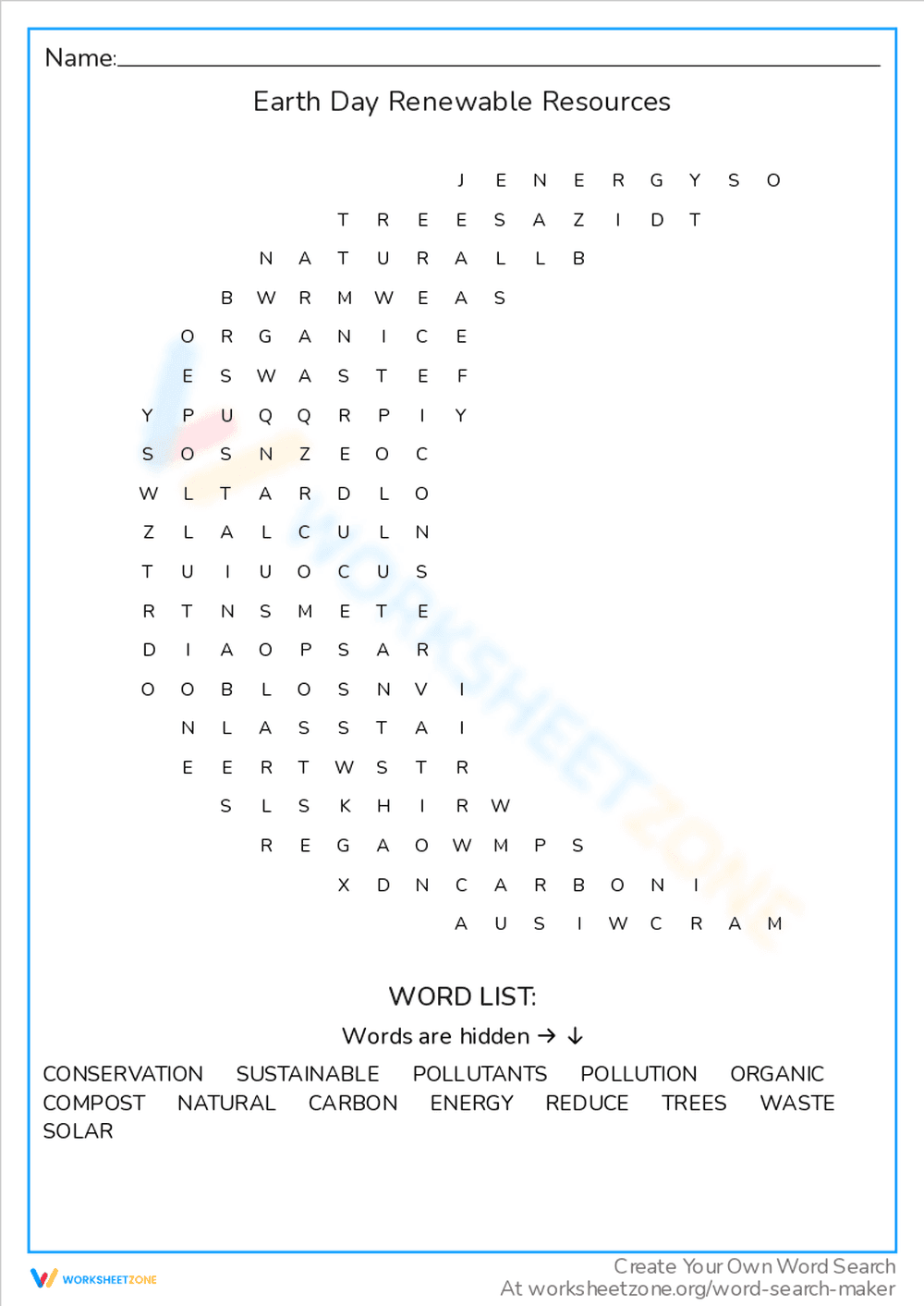 Earth Day Renewable Resources Word Search - Page 1