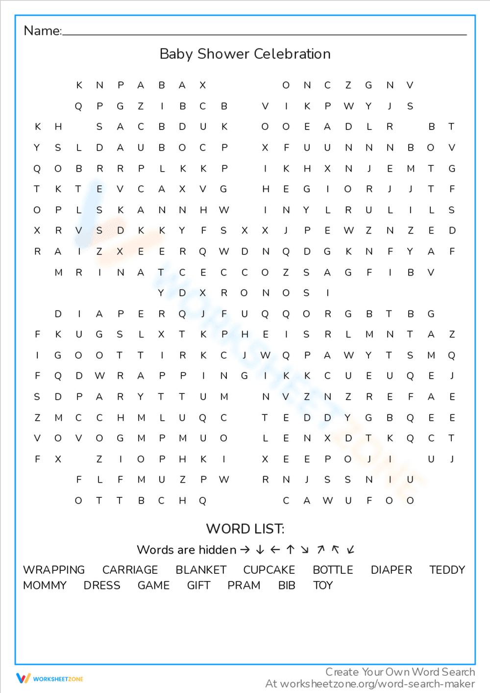 Baby Shower Celebration: Word Find - Page 1
