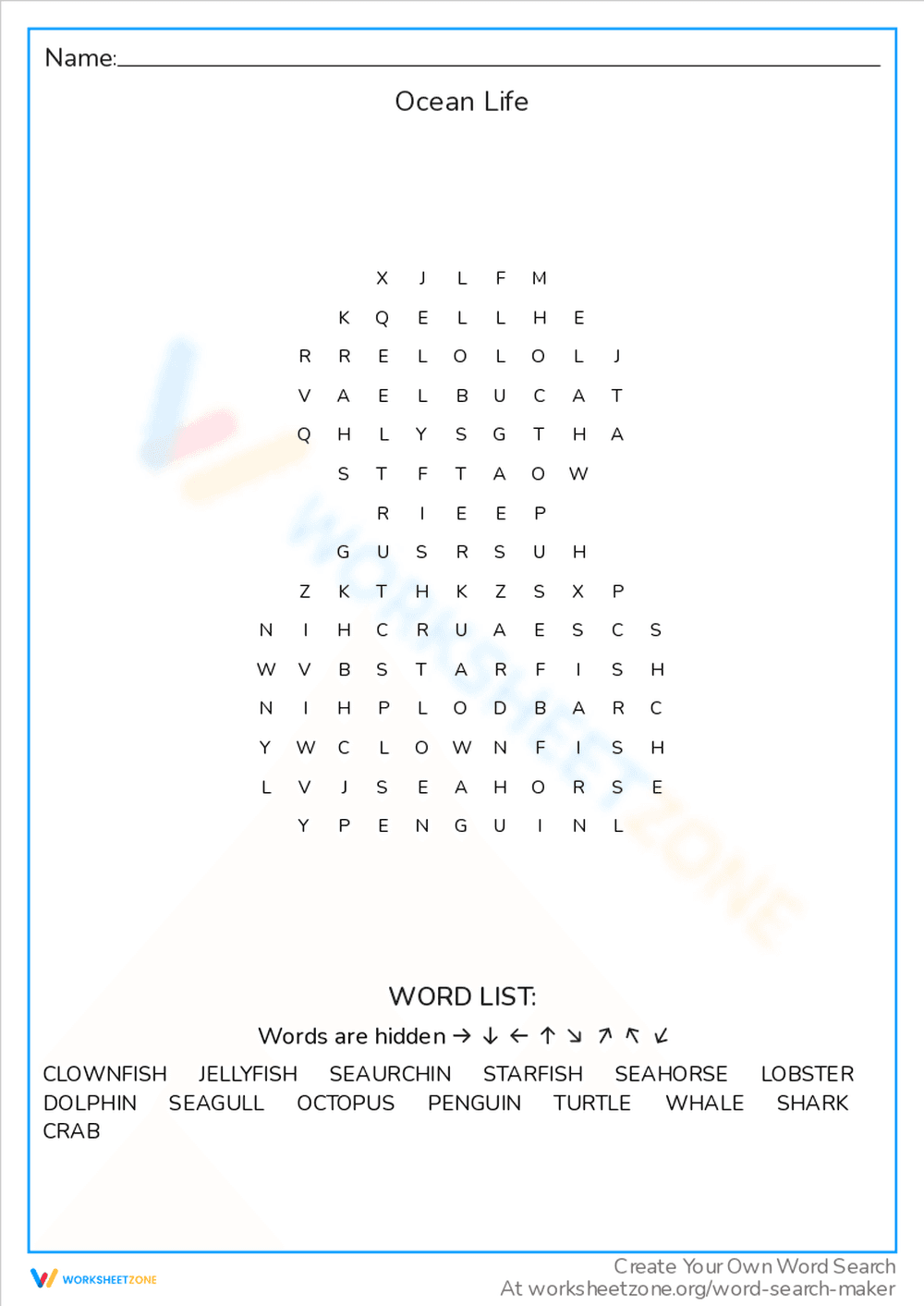 Ocean Life Word Search Worksheet - Page 1