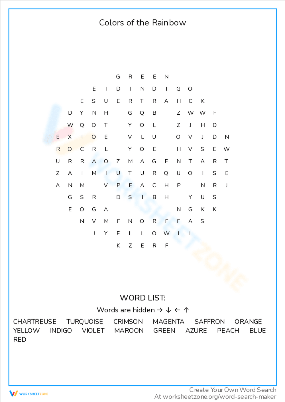 Colors of the Rainbow Word Search - Page 1