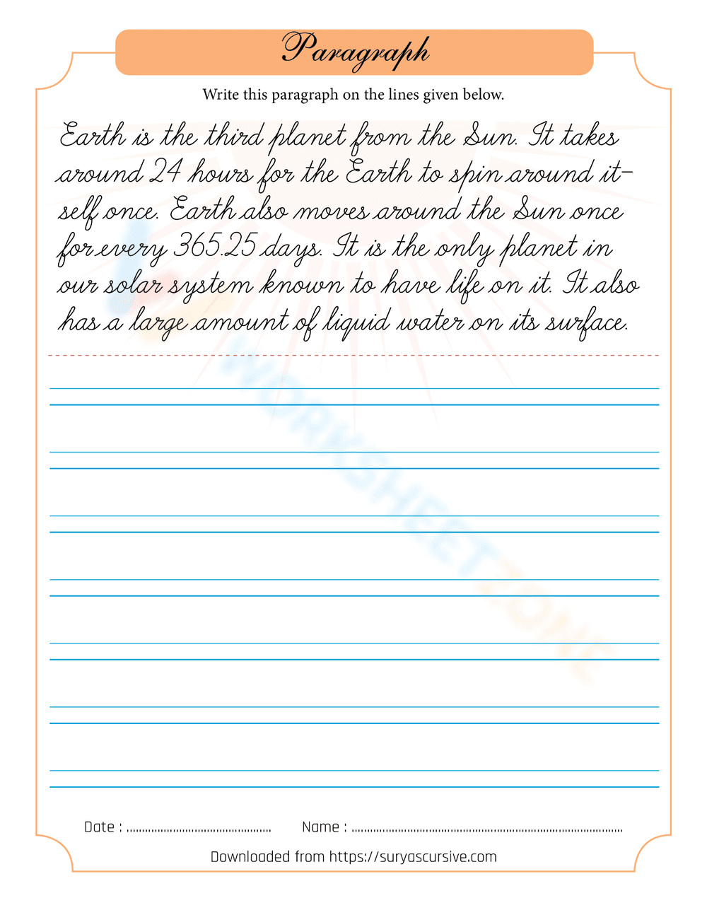 Earth Facts Cursive Handwriting Worksheet - Page 1