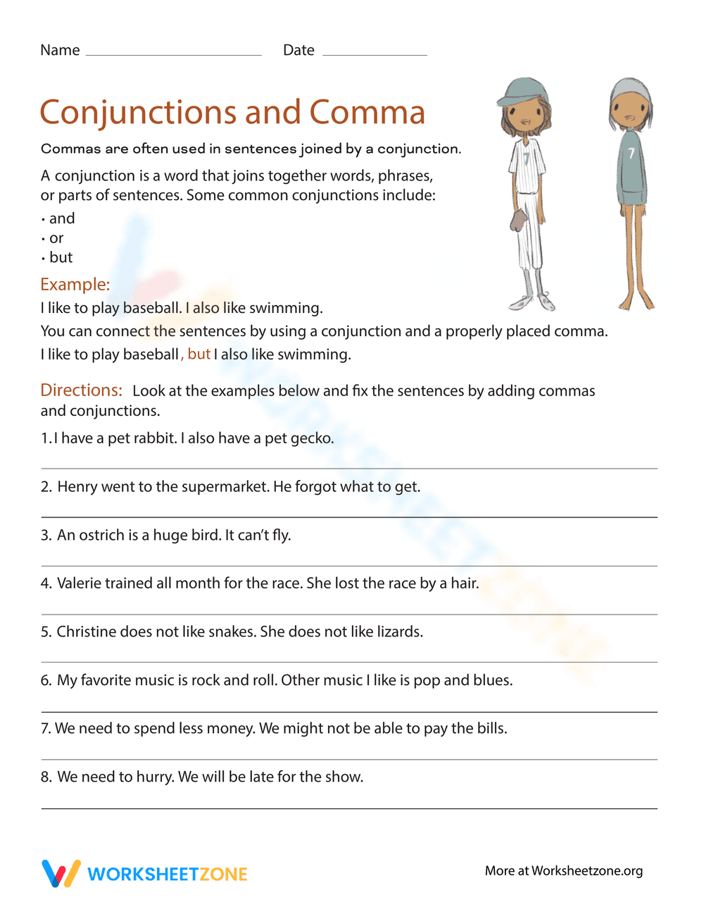 Improve Grammar with Conjunctions and Commas Worksheet - Page 1