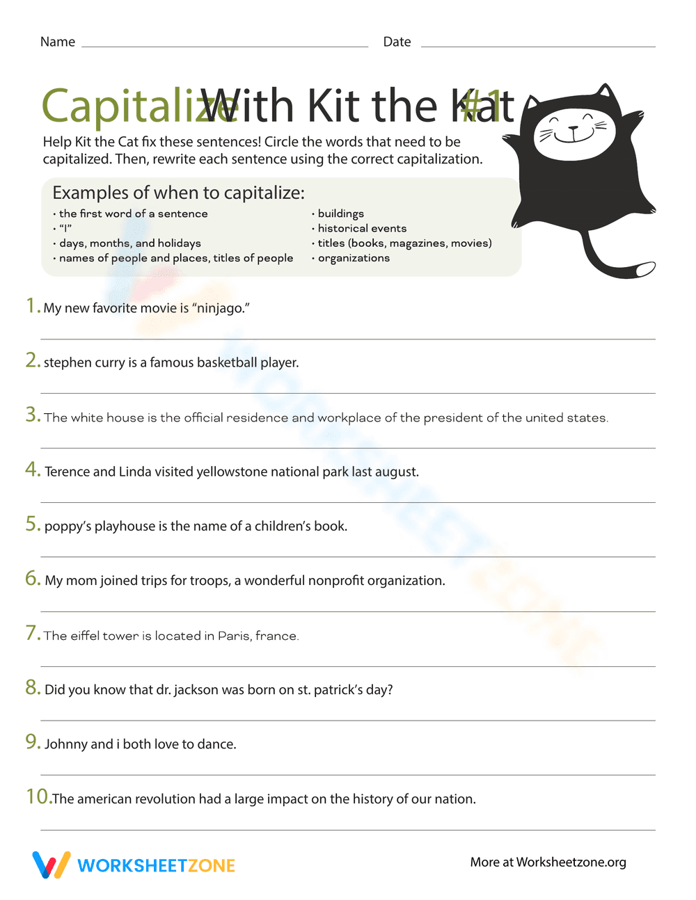 Capitalize with Kit the Cat: Part 1 Worksheet - Page 1