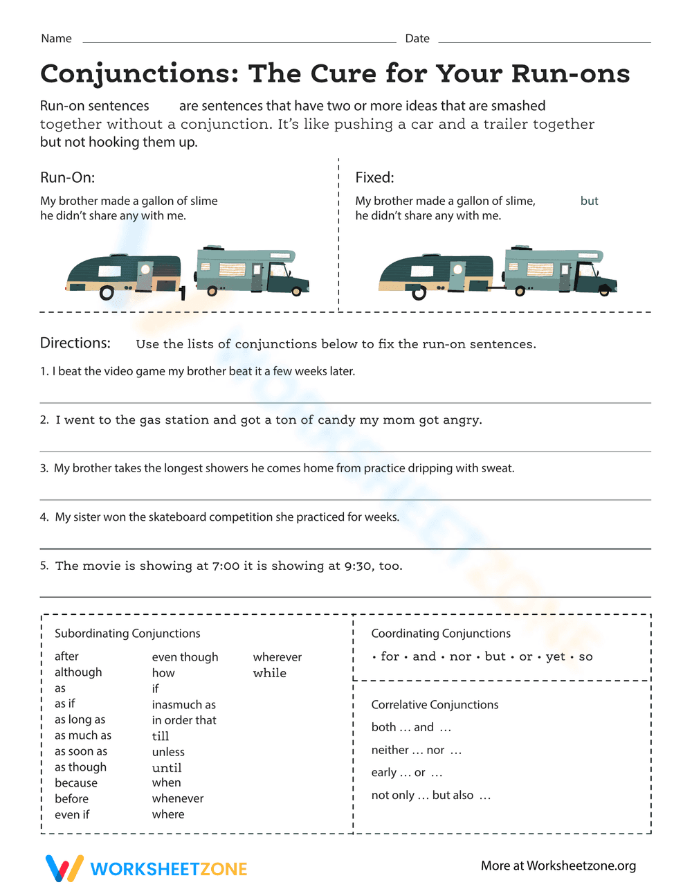 Conjunctions: Cure for Run-On Sentences Worksheet - Page 1