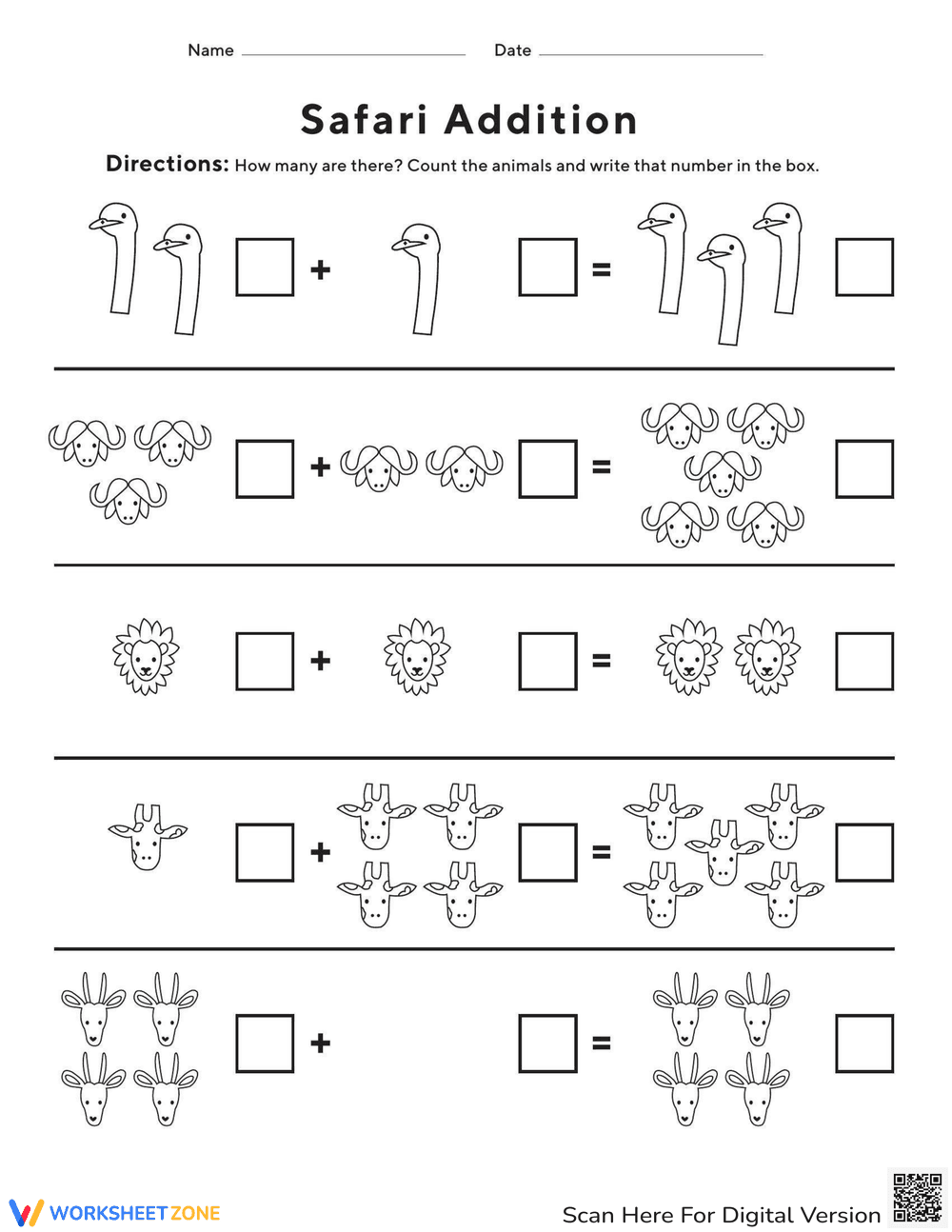 Safari Addition Worksheet - Page 1